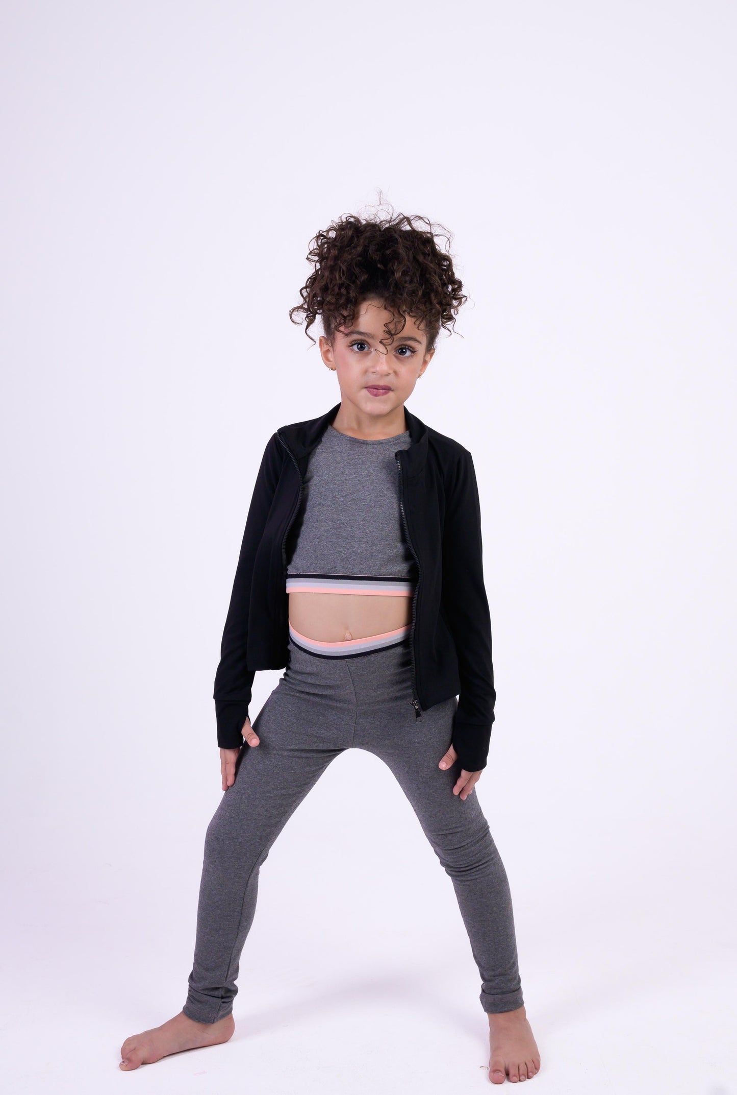 Grey Long-Sleeve Cotton Crop Top and Leggings Set