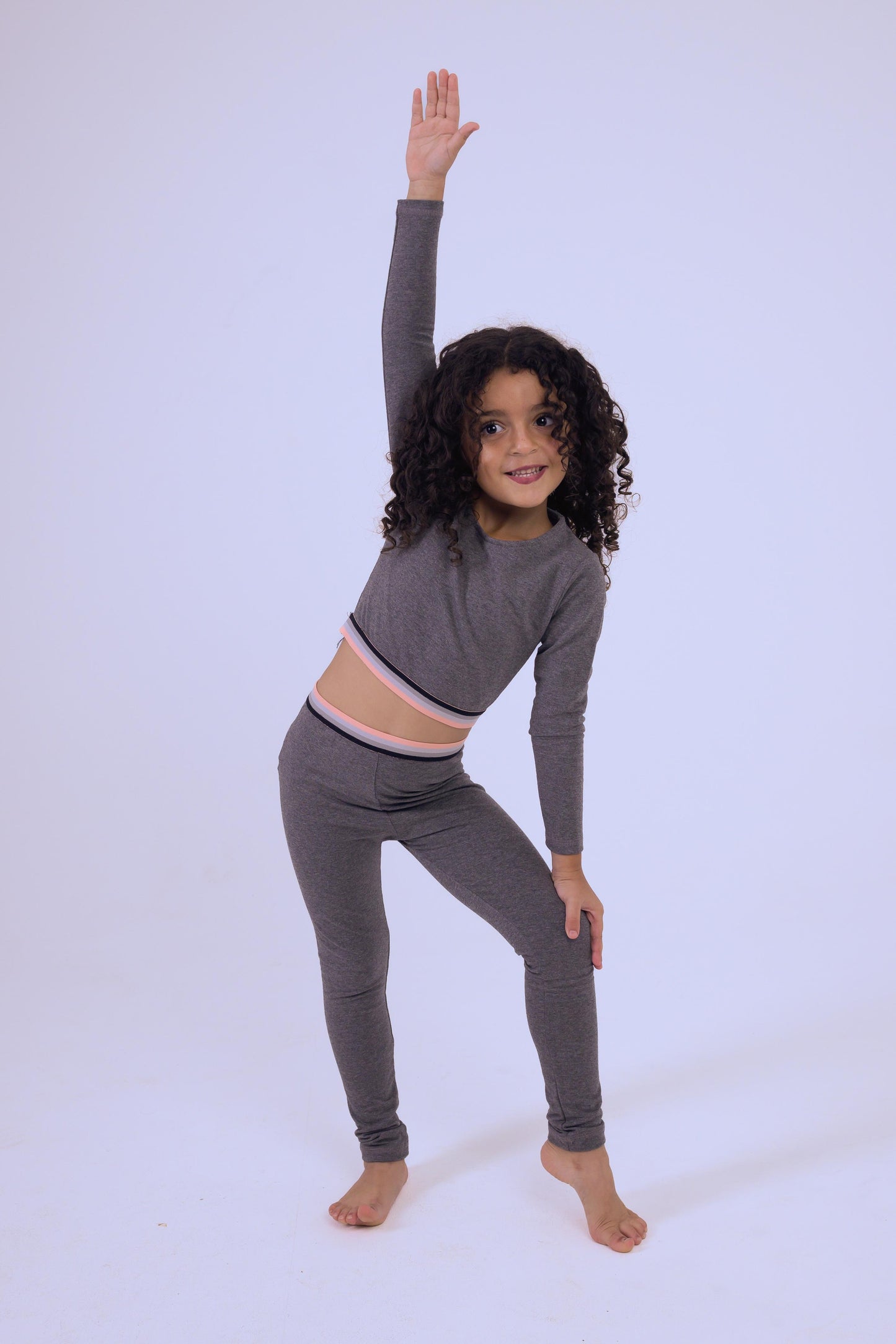 Grey Long-Sleeve Cotton Crop Top and Leggings Set