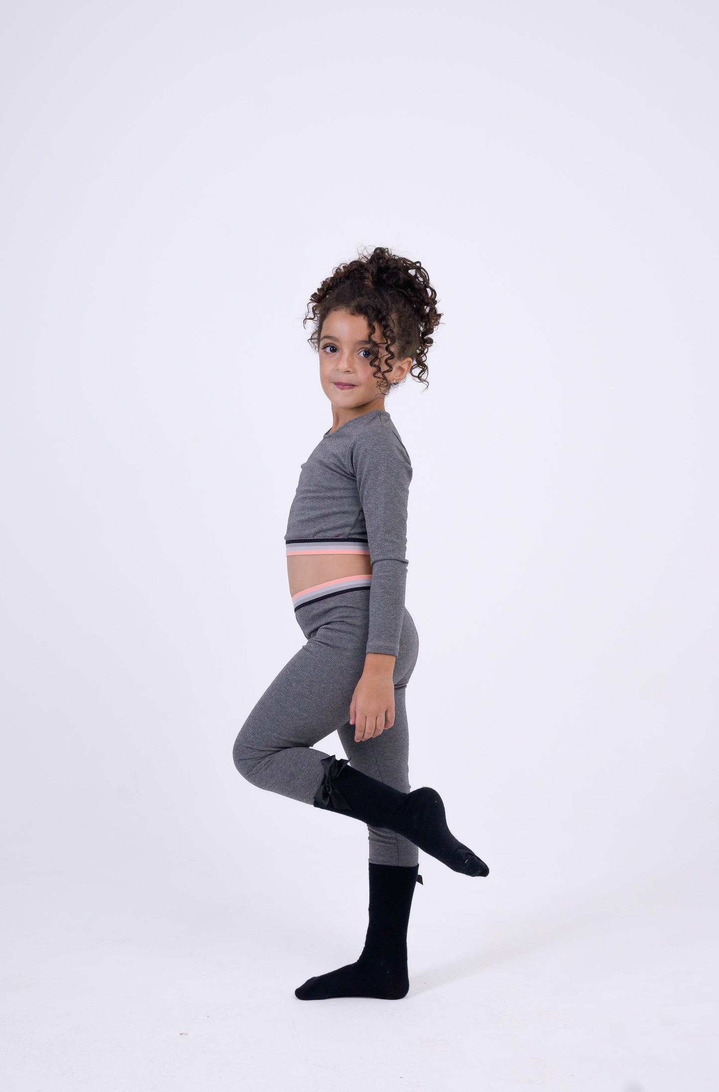 Grey Long-Sleeve Cotton Crop Top and Leggings Set