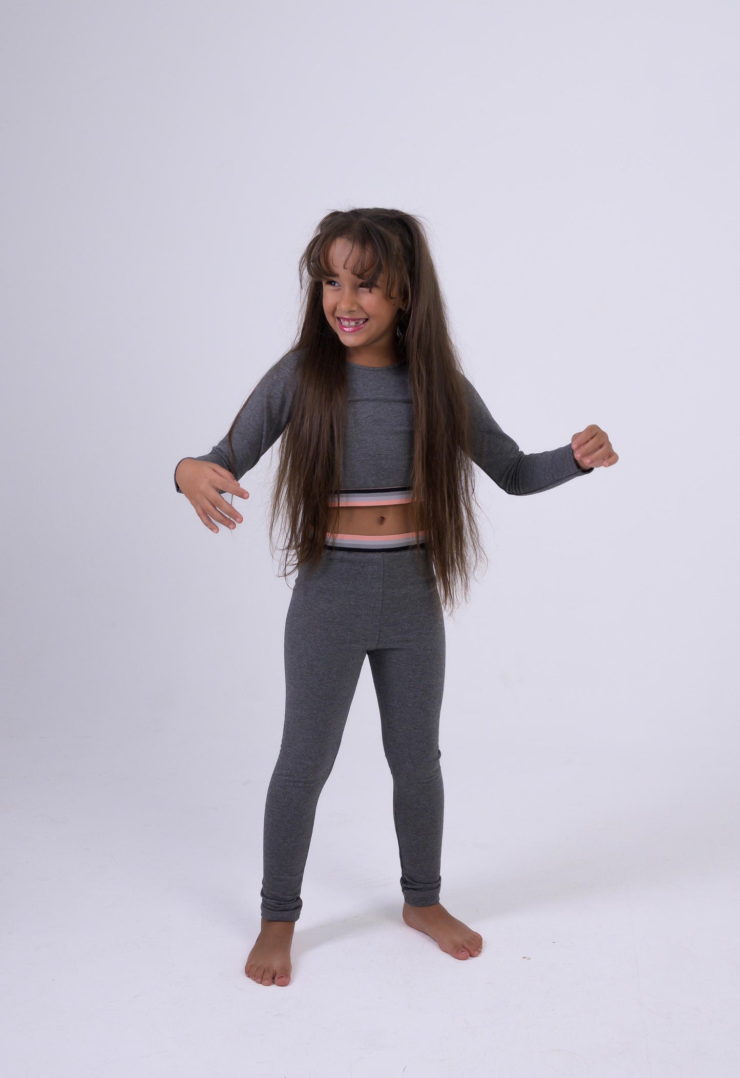 Grey Long-Sleeve Cotton Crop Top and Leggings Set